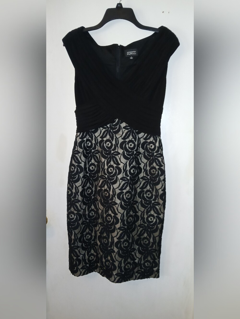 Adrianna Papell Black Nude Lace Cocktail Sleeveless Sheath Dress Sz 10
